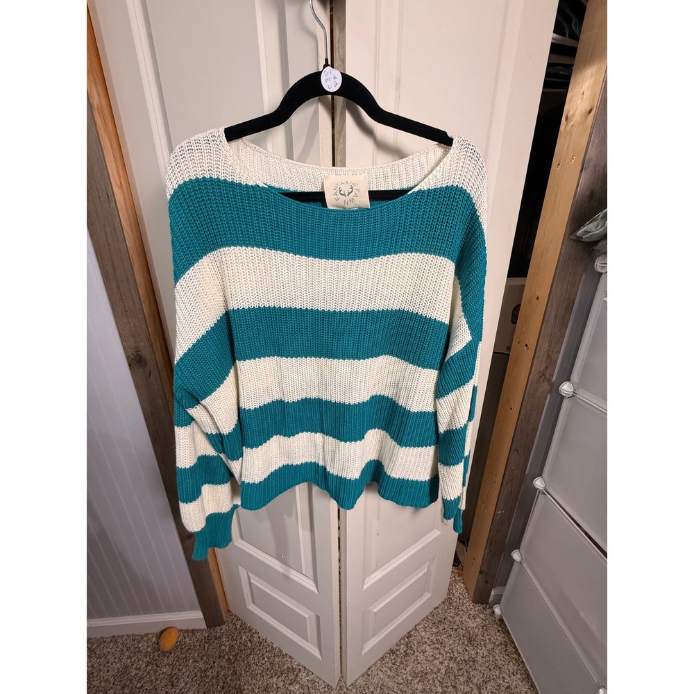 Fantastic Fawn Women Teal White Striped Knit Sweater Pullover Crew Neck Size M